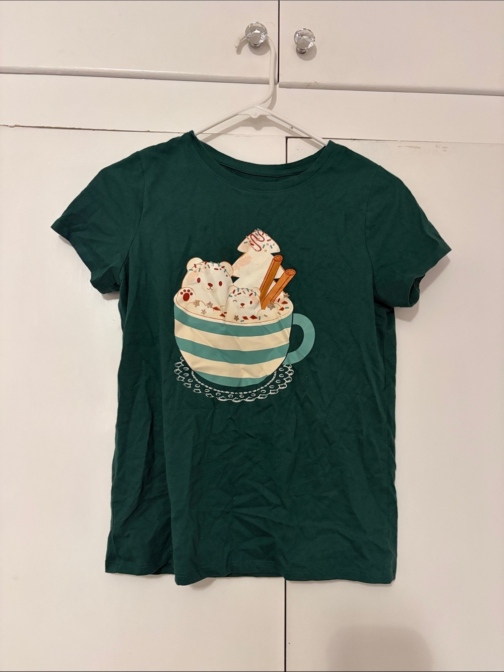 Cat & Jack Dark Green Short Sleeve Tee with Striped Cup & Marshmallow Graphic